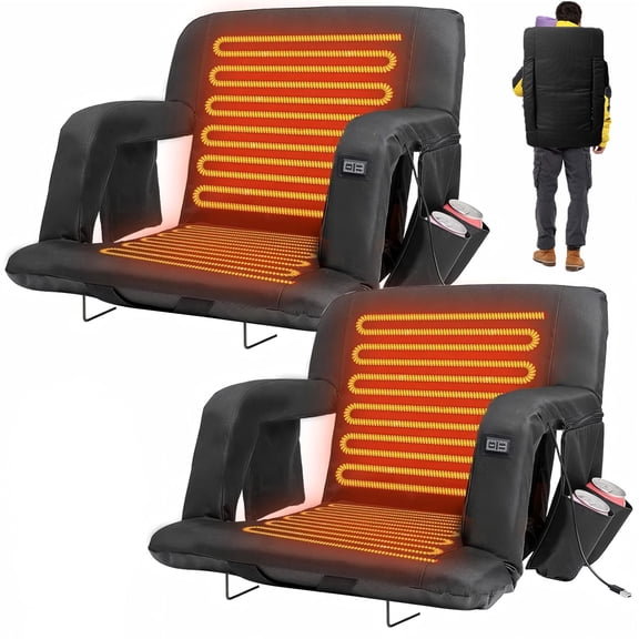 ABORON Heated Stadium Seats for Bleachers Set of 2, Portable Bleacher Seat with Back Support Wide 21 Inch Stadium Chair, USB 3 Levels of Heat, 6 Reclining Positions
