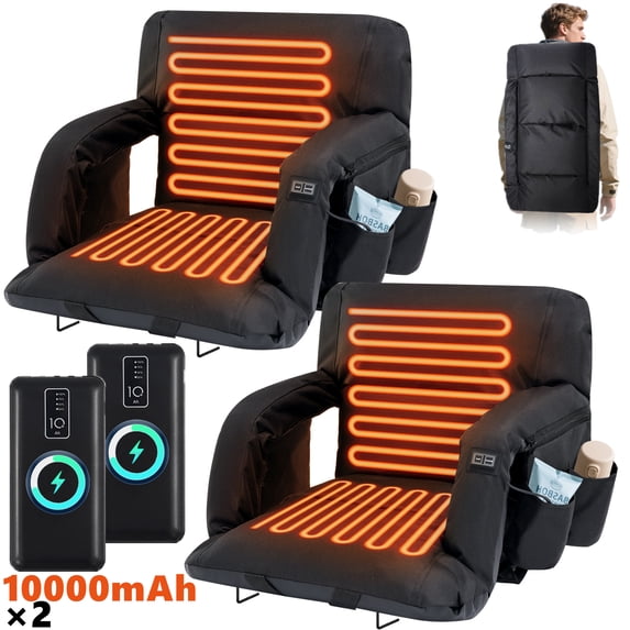 ABORON Heated Stadium Seats for Bleachers Set of 2, Portable Thicker Padded Bleacher Seat Cushion with Back Support Wide 21 Inch, USB 3 Levels of Heat, 6 Reclining Positions(Version w/Power Bank)