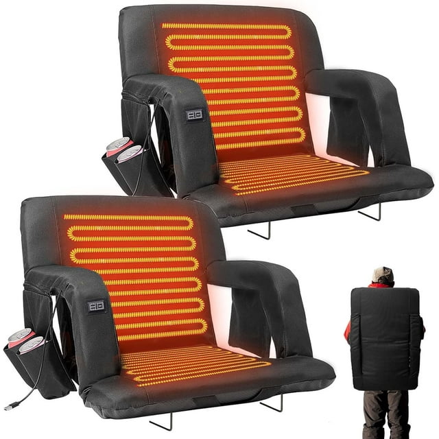 ABORON 2 Packs Heated Stadium Seats for Bleachers with Back Support Wide 21 Inch, Extra Portable Bleacher Seat Padded Stadium Chair, USB 3 Levels of Heat, 6 Reclining Positions