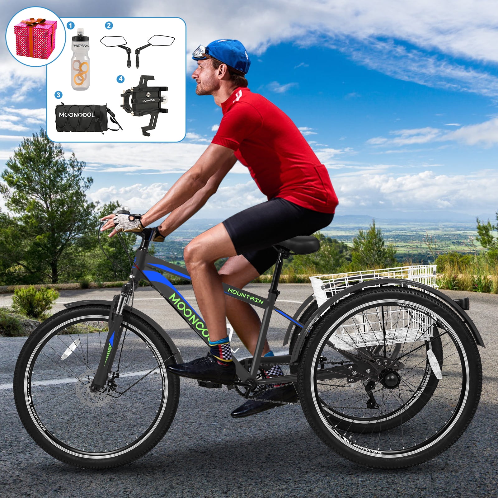 ABORON 24/26/27.5 Inch Adult Mountain Tricycle, 7-Speed Three Wheel Bike with Basket, Black