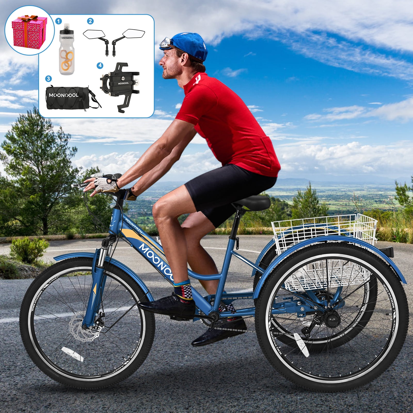 ABORON 24/26/27.5 Inch Adult Mountain Tricycle, 7 Speed Three Wheel MTB, Adults Trikes Cruiser Bikes with Shopping Basket & Accessories, Exercise Men's Women's Tricycles