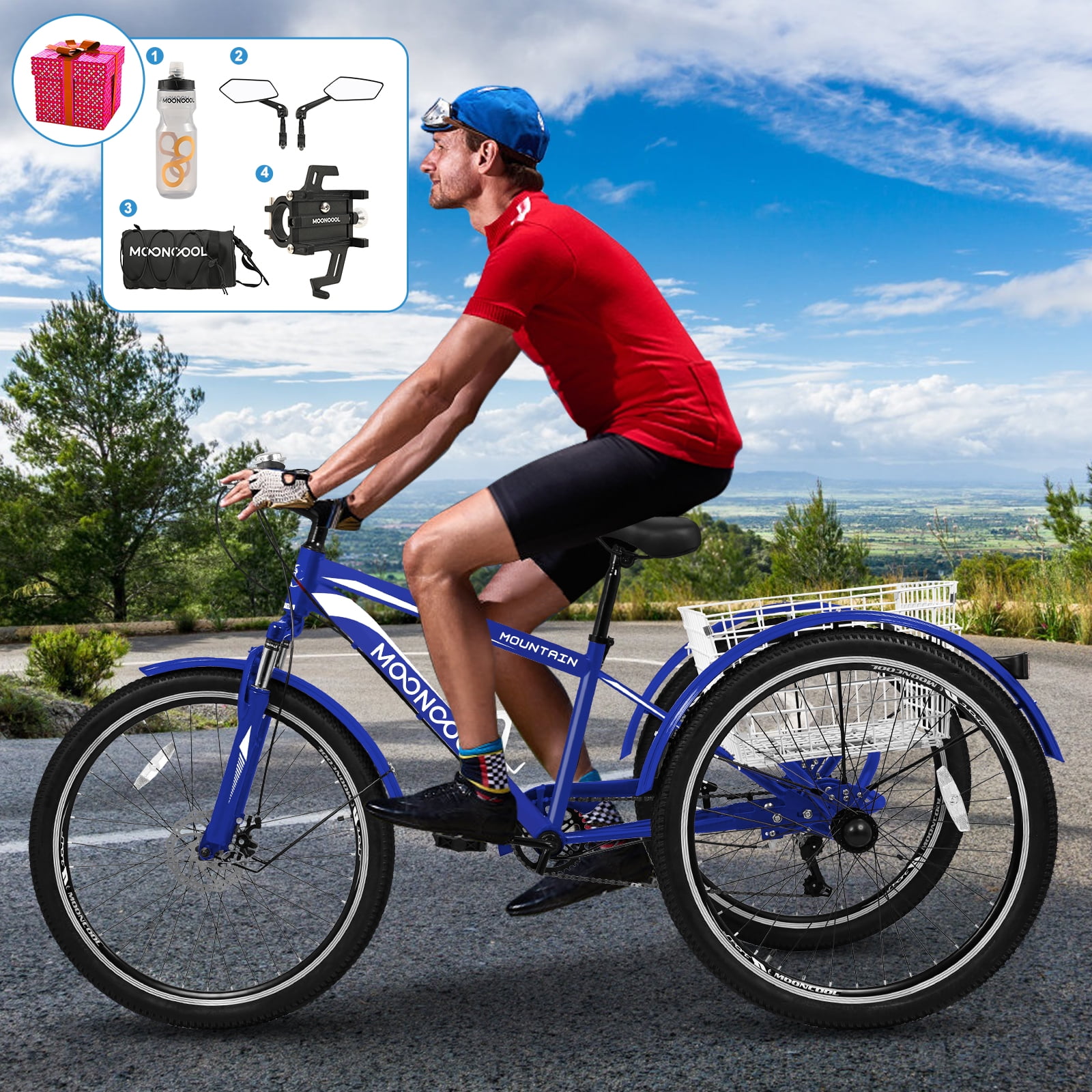 ABORON 24/26/27.5 Inch Adult Mountain Tricycle, 7 Speed Three Wheel MTB, Adults Trikes Cruiser Bikes with Shopping Basket & Accessories, Exercise Men's Women's Tricycles