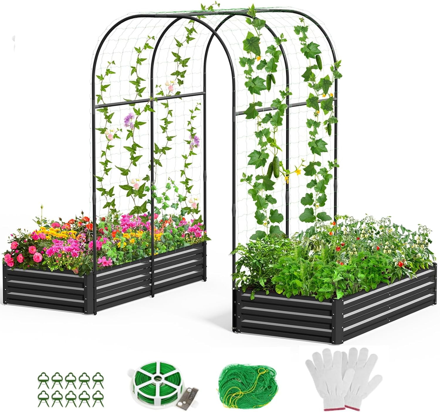 ABORON 3 in 1 Galvanized Raised Garden Bed with 85in Tall Arch Trellis for Climbing Vine Herbs Vegetables Flowers, Metal Raised Garden Bed Kit with Trellis, Plant Ties, Climbing Supporting Netting