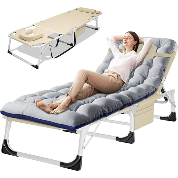 ABORON 3 IN1 Tanning Chair, Adjustable 5-Position Folding Beach Lounger with Face Arm Hole, Removable Cushion & Pillow, Side Pocket, Carry Handle, Outside Sunbathing Lounge Chair