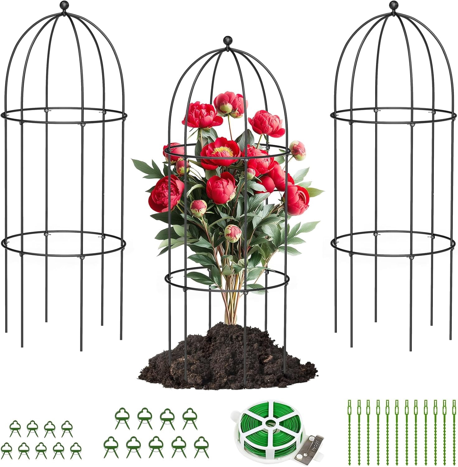 ABORON 3 Pack Garden Trellis for Climbing Plants, 17.7" x 47.2" Metal Rustproof Black Peony Cage, Outdoor Indoor Flowers Potted Obelisk Trellis for Cucumber Vine Lily Rose Plant Support