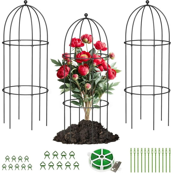 ABORON 3 Pack Garden Trellis for Climbing Plants, 17.7" x 47.2" Metal Rustproof Black Peony Cage, Outdoor Indoor Flowers Potted Obelisk Trellis for Cucumber Vine Lily Rose Plant Support