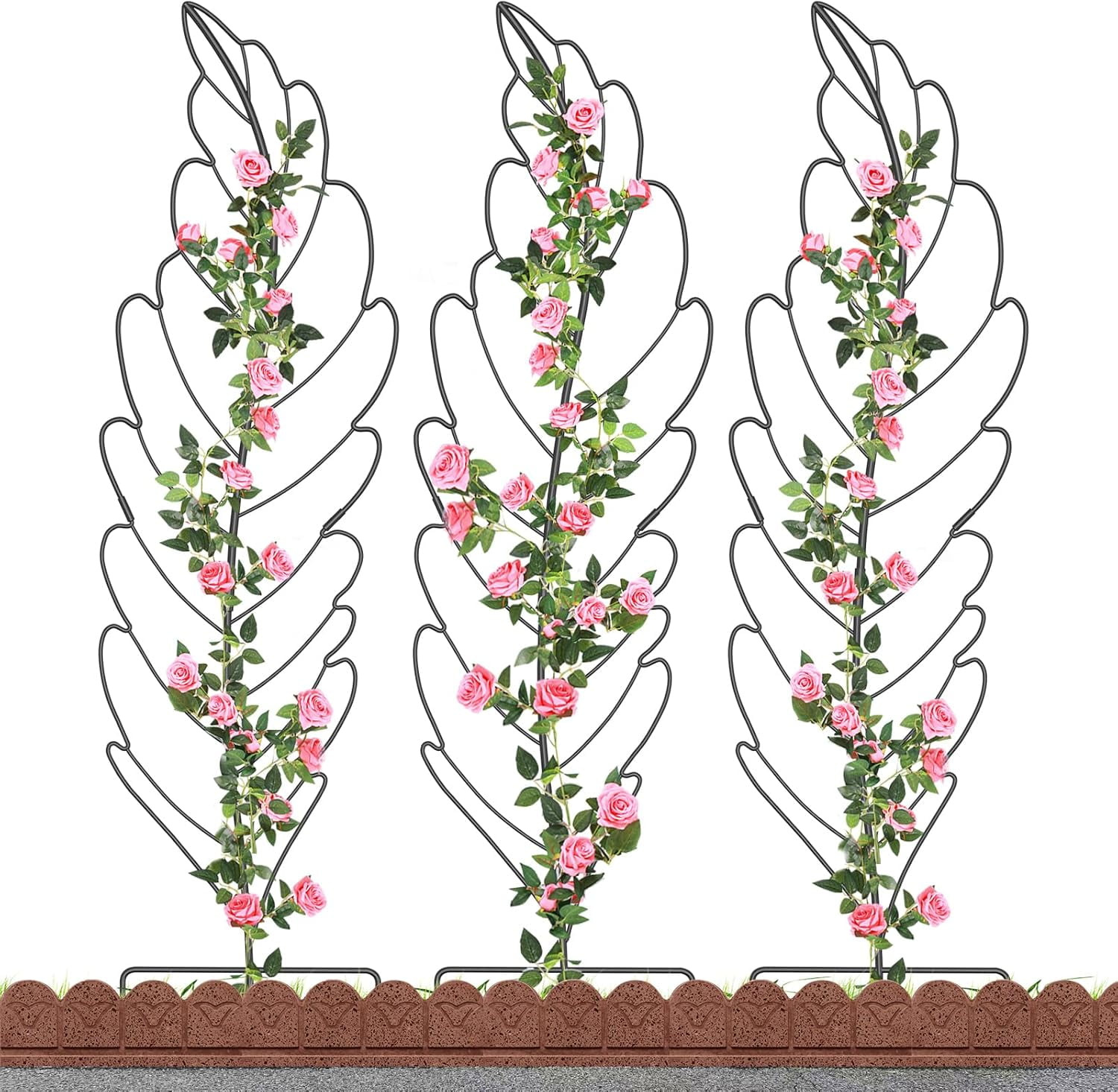 ABORON 3 Pack Leaf Metal Garden Trellis for Climbing Plants Outdoor, Metal Plant Trellis for Flowers Tomato Cucumber Rose Vegetable Support Garden Decoration