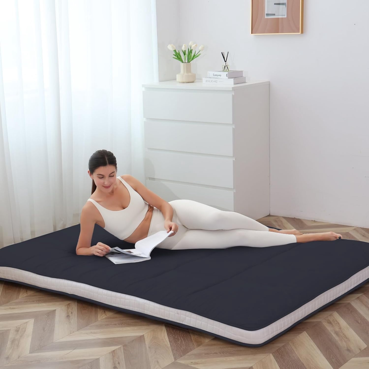 ABORON 4" Thick Floor Mattress Futon Mattress Full Size Japanese Roll-up Sleeping Mattress Folding Sleeping Pad Breathable Floor Lounger Guest Bed for Camping Couch