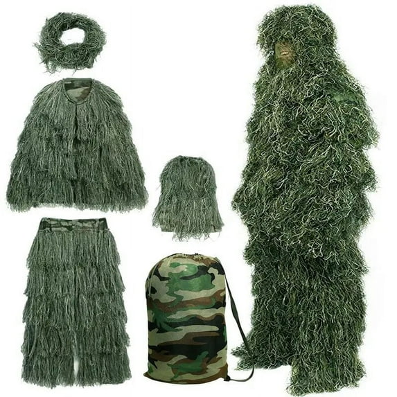 ABORON 5-in-1 Ghillie Suit, 3D Camouflage Apparel Including Jacket, Pants, Hood, Carry Bag for Unisex Adults/Youth (S/M/L/XL/XXL)
