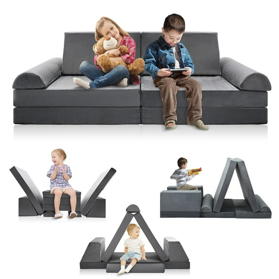 ABORON 8Pcs Toddler Sofa for Kids, Modular Kids Couch for Playroom, Kids Play Couch for toddlers 1-10, Kids Sofa Couch, Convertible Foam Floor Cushion,Gray