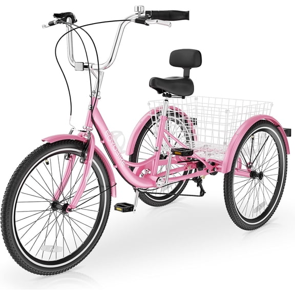 ABORON Adult 26" 7 Speed Adjustable Seat Tricycle with Rear Basket, Pink