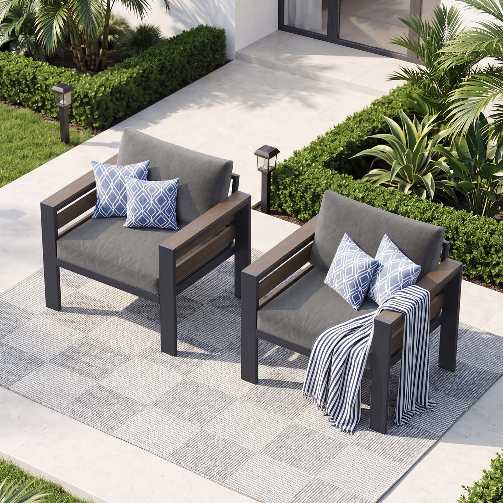 ABORON Aluminum Patio Furniture Sets, Patio Conversation Sets Sectional Sofas with 27" Deep Seating, 2 Pieces Outdoor Patio Armchair Set w/ All-Weather Thick Cushion (Washable)