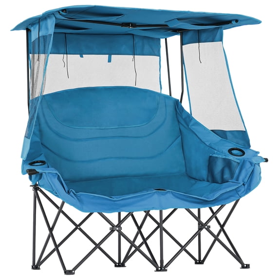 ABORON Camping Chair for 2 Person with Canopy, Portable Folding Double Camping Chair for Adults, Oversized Double Beach Loveseat with Cup Holders and Pocket, 600 lbs Heavy Duty Camping Couch - Blue