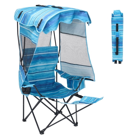ABORON Camping Chair with Canopy and Leg Support, Portable Folding Camping Chair for Outdoor & Beach, Heavy Duty Lawn Chair for Adults with Cooler Bag and Cup Holder, Supports 330 lbs - Ocean Blue