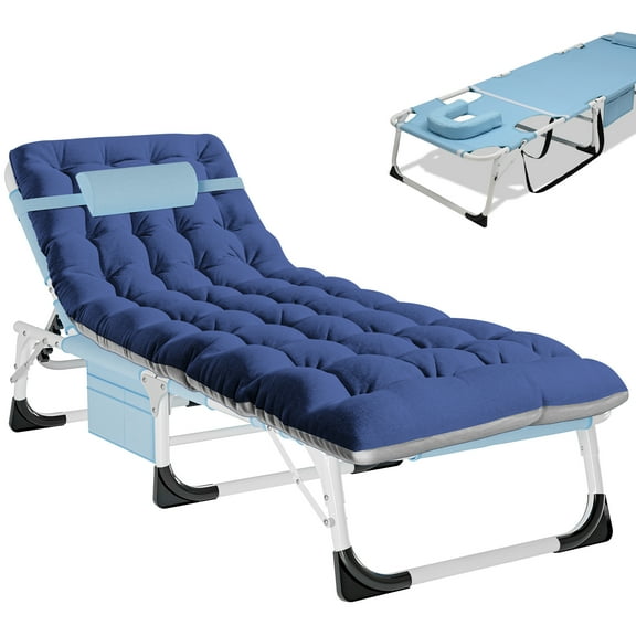 ABORON Camping Cots for Adults, Tanning Chair with Face & Arm Holes, 5- position Adjustment Down Tanning Beach Chaise Lounge Cot, Folding Bed with 2-Sides Mat & Pillow