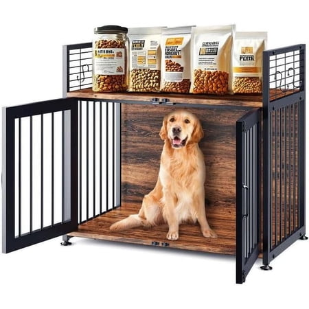 Wooden Dog Crate Furniture for Large/Medium Dog, 41" Heavy Duty Large Dog Kennel Indoor Modern Furniture Dog Cage with 2 Doors, End Table Dog Crate for 50-70 lbs Dog