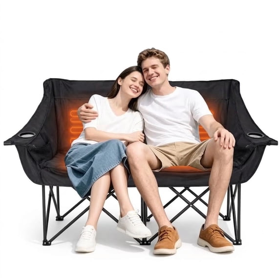 ABORON Heated Double Camping Chair, Portable Folding Loveseat with 3-Level Heating, Heated Chair for 2 Adults, Outdoor Camping Chair Double Seating