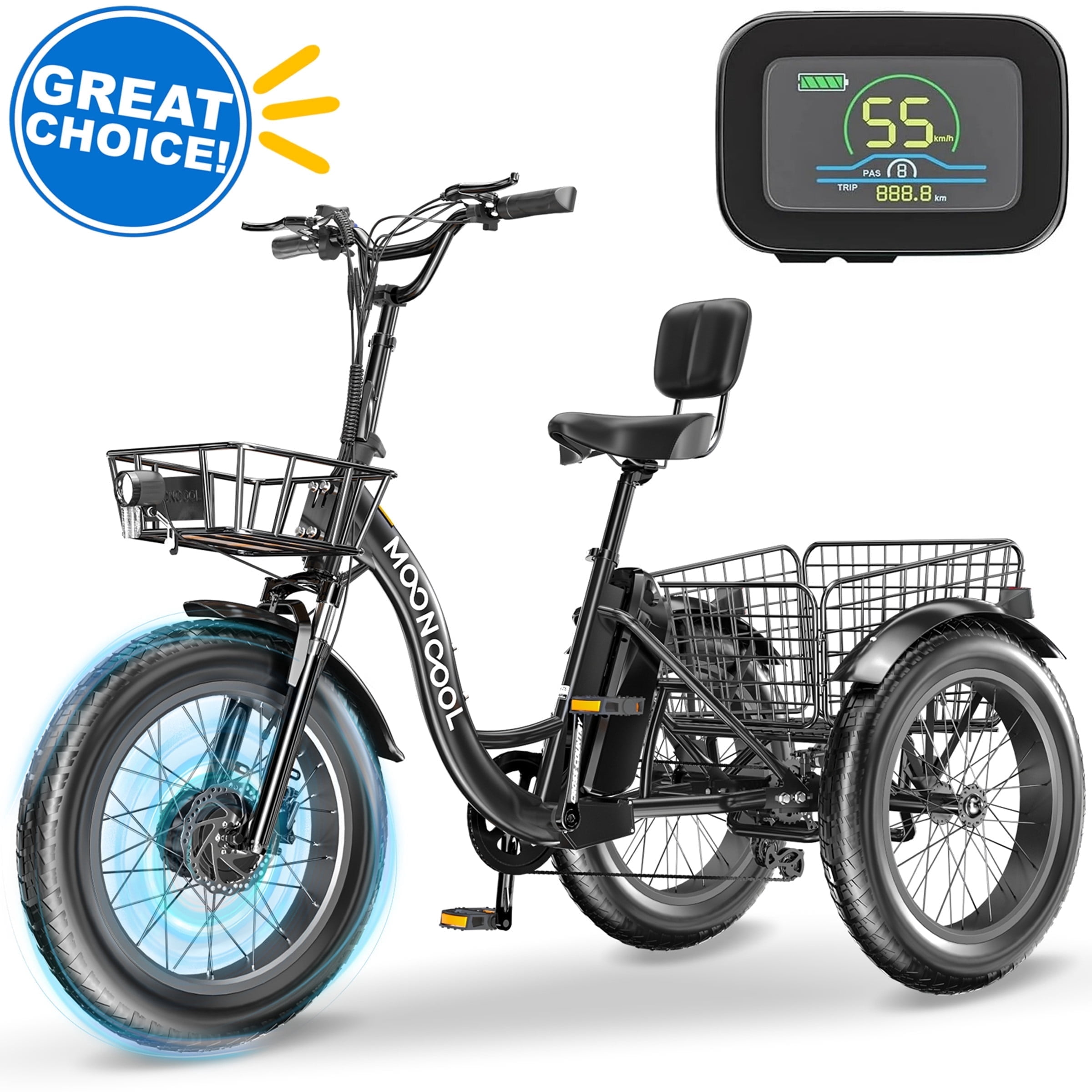 ABORON Electric Trikes for Adults Fat Tire 20" Electric Tricycle for Senior, 500W 3 Wheel E-Bike 48V 14.5Ah, 7 Speed Aluminum Electric Bicycle with Rear Basket, 25.6km/h(16mph)