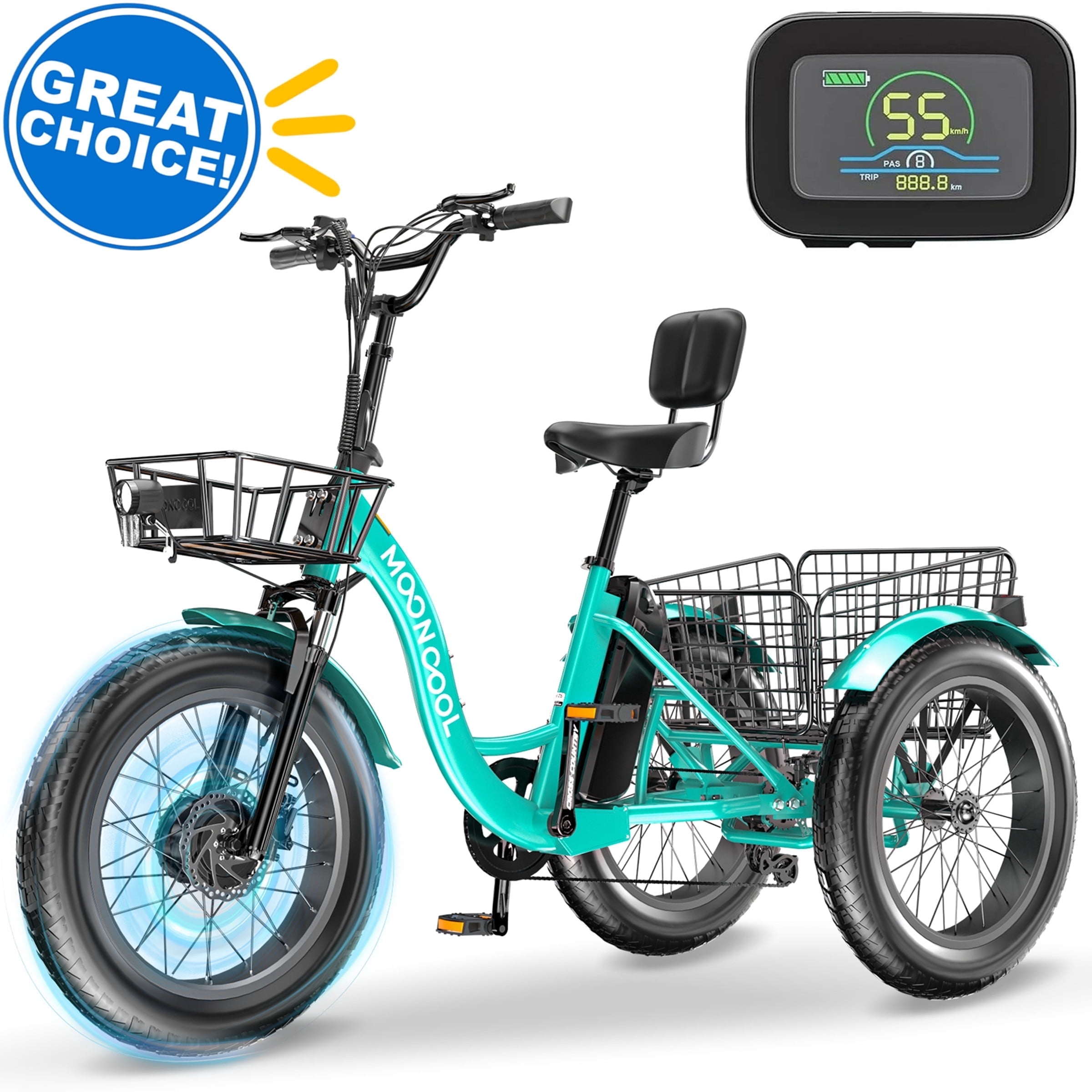 ABORON Electric Trikes for Adults Fat Tire 20" Electric Tricycle for Senior, 500W 3 Wheel E-Bike 48V 14.5Ah, 7 Speed Aluminum Electric Bicycle with Rear Basket, 25.6km/h(16mph)