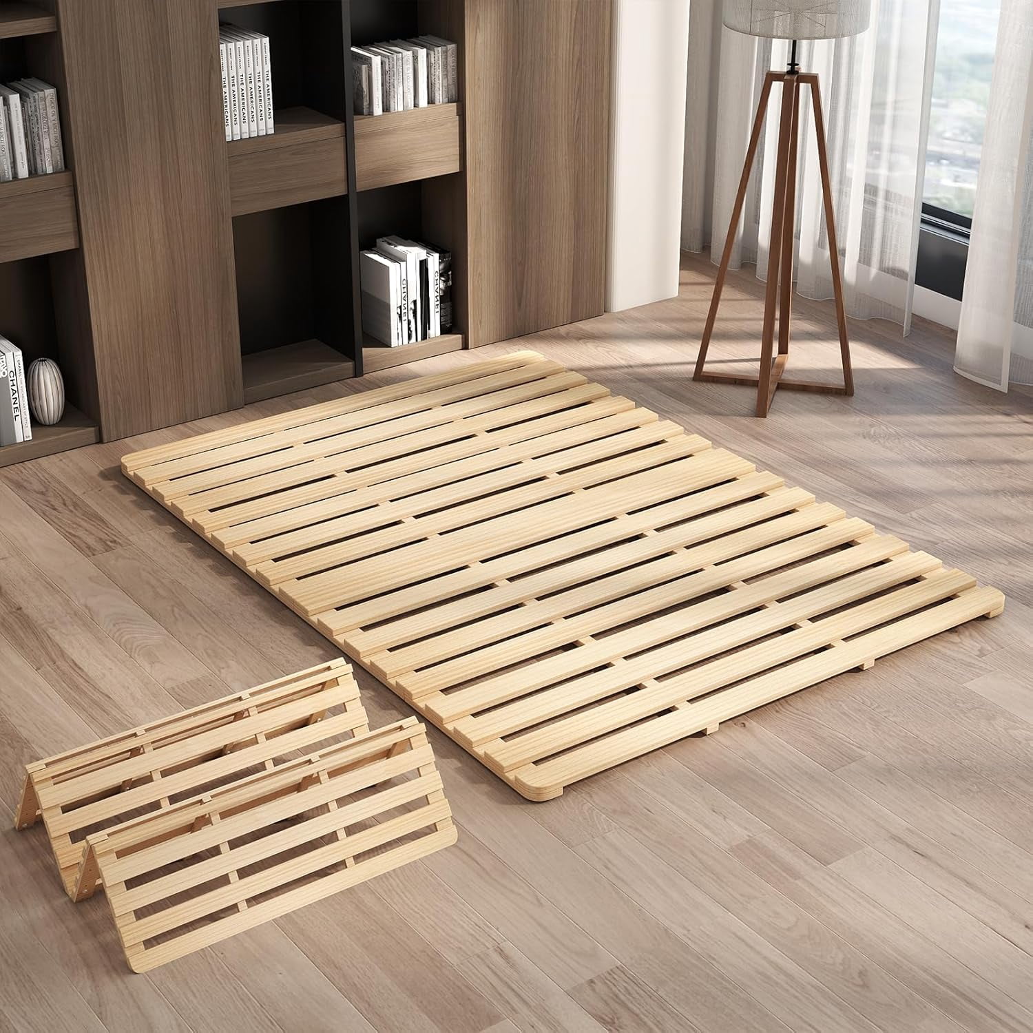 ABORON Floor Bed Frame, Folding Tatami Futon Frame, Breathable Moisture-Proof Bed Plate, Solid Wood Slat Floor Bed Frame, Japanese Floor Tatami Bed for Floor Sleeping or Futon Mattress, Full Size