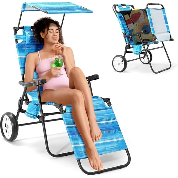 ABORON Folding Beach Chair for Adults, 2 in 1 Beach Chair with Canopy Shade, Foldable Tanning Chair Beach Lounge Chair Integrated Wagon Cart Combo Large Wheels for Outdoor, Beach, Pool, Sunbathing