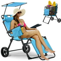 ABORON Folding Beach Chair for Adults, Heavy Duty Beach Chair with Canopy Shade, Foldable Beach Lounge Chair with Footrest, 2 in 1 Beach Chair with Integrated Wagon Pull Cart Combination Large Wheels