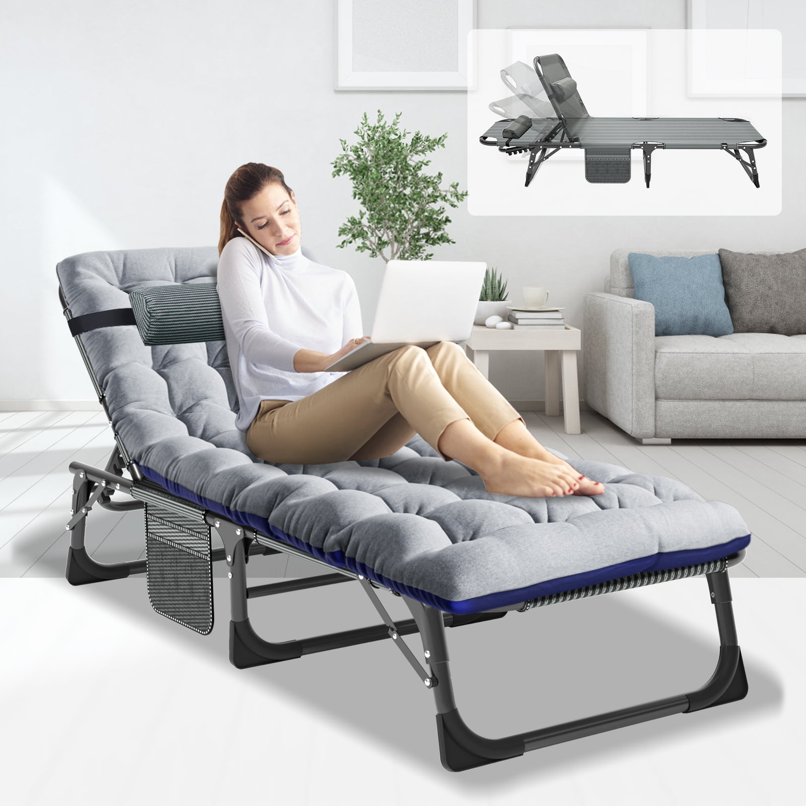 ABORON Folding Camping Cot with 2 Sided Cushion & Pillow, 5 Position ...
