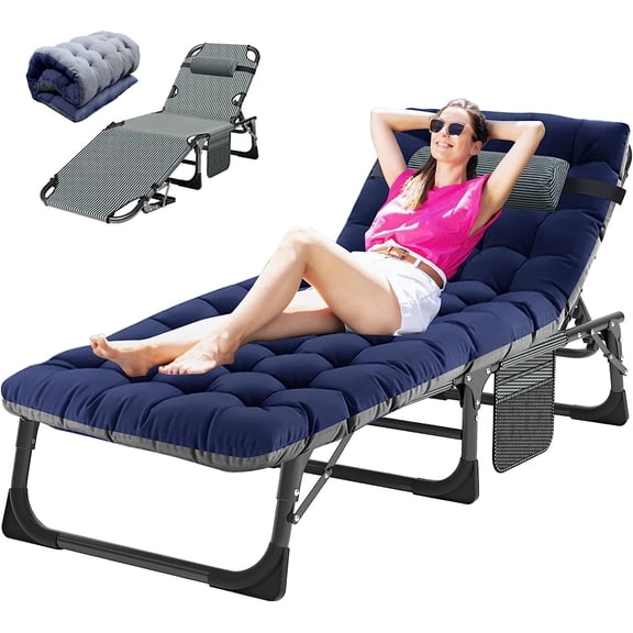 ABORON Folding Camping Cot with 2 Sided Cushion & Pillow, 5 Position Adjustable Folding Lounge Chair for Sunbathing, Camping, Pool, Beach, Patio