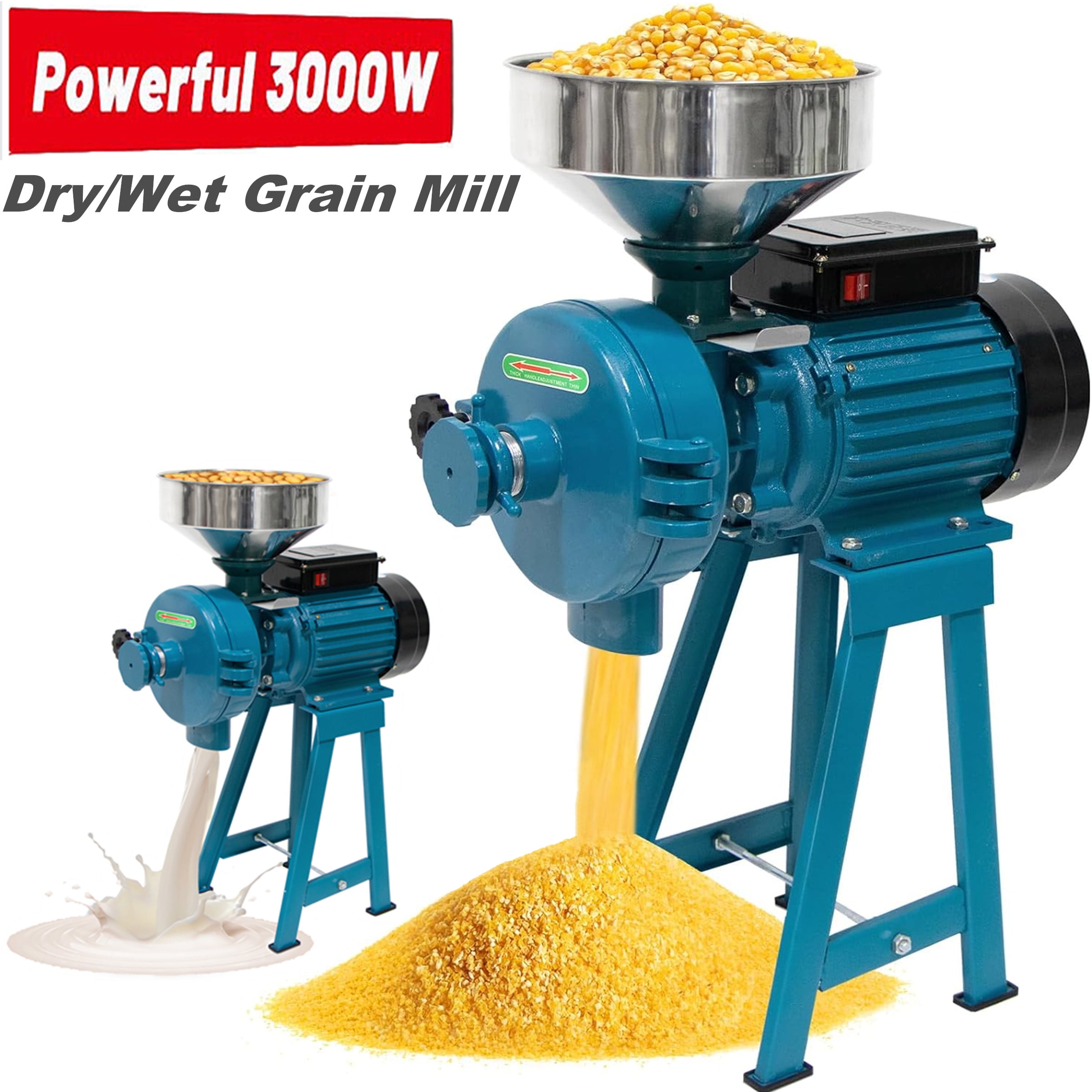 3000W Blue Electric Commercial Grain Grinder with Funnel