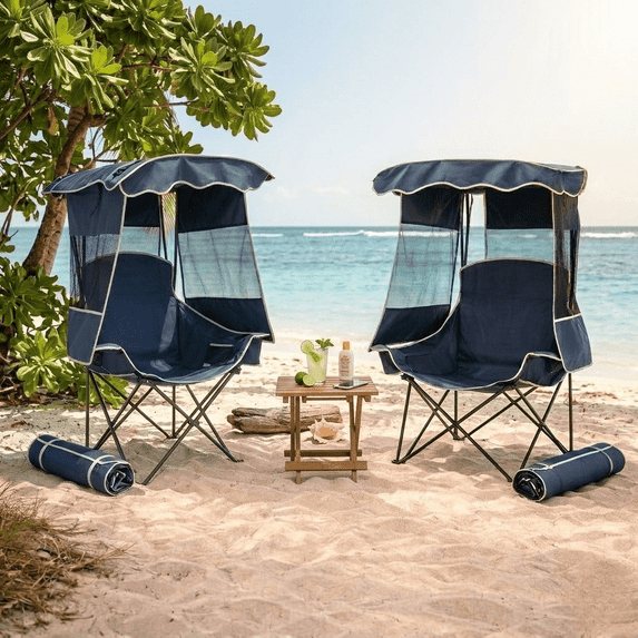 ABORON Camping Chair with Canopy, Folding Camping Canopy Chair with Ice Bag, Side Pocket and Cup Holder, Outdoor Portable Beach Lounge Chair for Adults Camping, Fishing and Tailgates - Blue