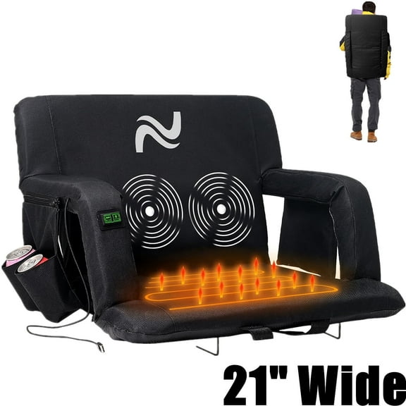ABORON Heated Massage Stadium Seats for Bleachers with Back Support Wide 21 Inch, Portable Stadium Seat Bleacher Chair with 6 Reclining Positions, Armrests, Stadium Chairs for Sport Events