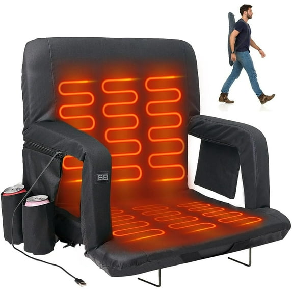 ABORON 21 Inch Wide Heated Bleacher Seat with Back and Cushion, Portable Stadium Seat Chair for Outdoor Sport Events, Heated Stadium Seat for Bleachers with USB 3 Level Heating, 6 Reclining Position