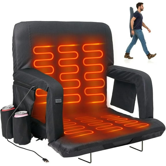 ABORON 21 Inch Wide Heated Bleacher Seat with Back and Cushion, Portable Stadium Seat Chair for Outdoor Sport Events, Heated Stadium Seat for Bleachers with USB 3 Level Heating, 6 Reclining Position