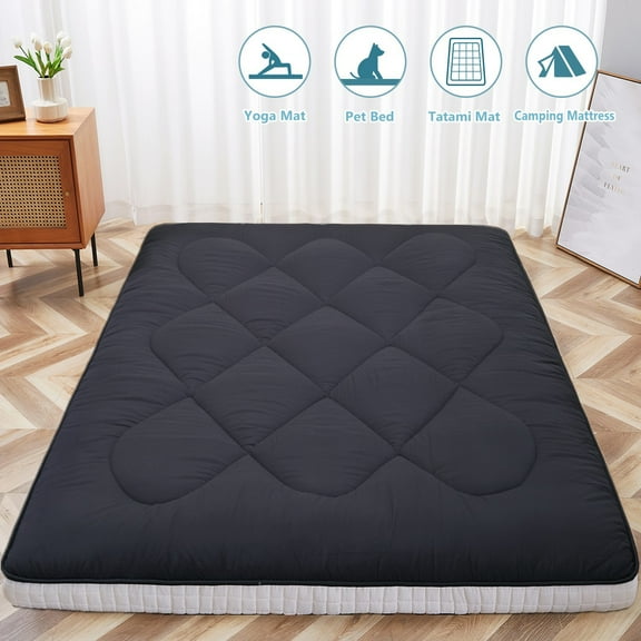 ABORON Japanese Floor Mattress Futon Mattress Full Size, Thicken Tatami Mat Sleeping Pad Foldable Roll Up Mattress Black
