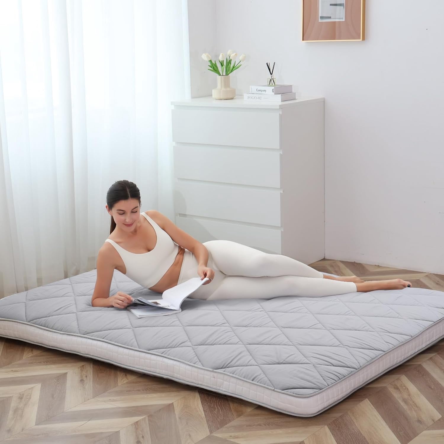 ABORON Japanese Floor Mattress Futon Mattress Twin Size, Thicken Tatami Mat Sleeping Pad Foldable Roll Up Mattress Gray