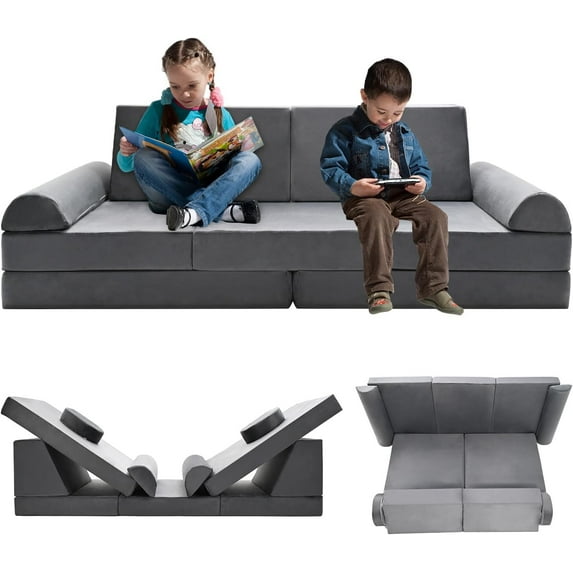 ABORON Kids Couch Play Set, 11PCS Modular Kids Sofa Couch Fold Out Couch Playhouse Play Set for Toddlers, Creative Couch Kids Foam Play Couch Indoor