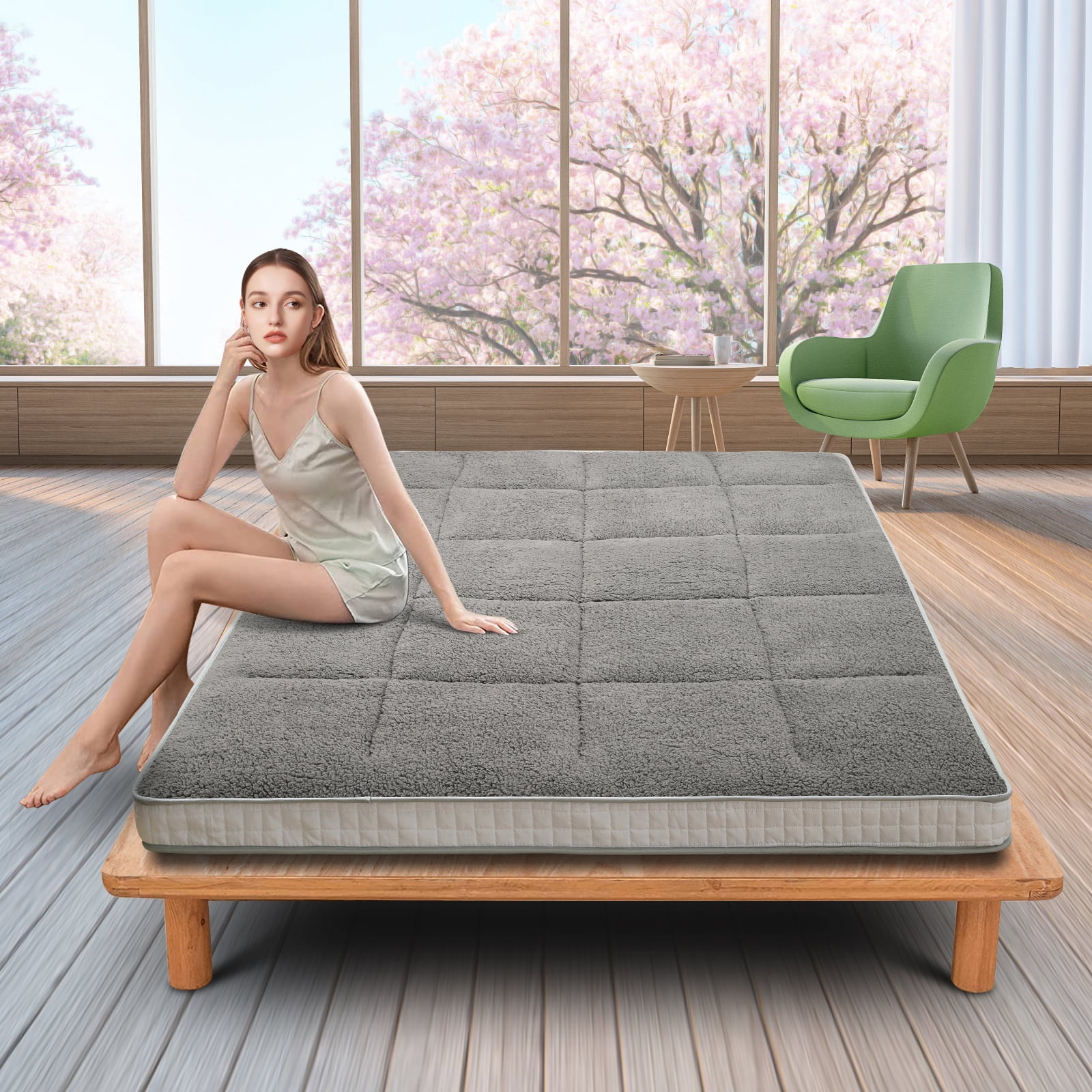 ABORON Lambswool Japanese Floor Mattress,4 Inch Extra Thick Sleeping Bed For Floor,Roll Up