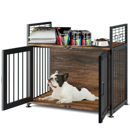 ABORON Large Dog Crate Furniture Indoor, Wooden Heavy Duty 42 inch Dog Cage for Large Dogs, Retro Dog Crates for Medium Dogs Up to 80 lb, Super Sturdy Dog Kennel with Storage and Anti-Chew