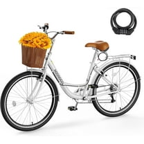 ABORON Lightweight Women Bike for Commuting with Basket & Combination Lock - 24/26 inch 7 Speed Beach Cruiser Bike for Women - Low Step Through City Bikes Commute Bicycle for Ladies