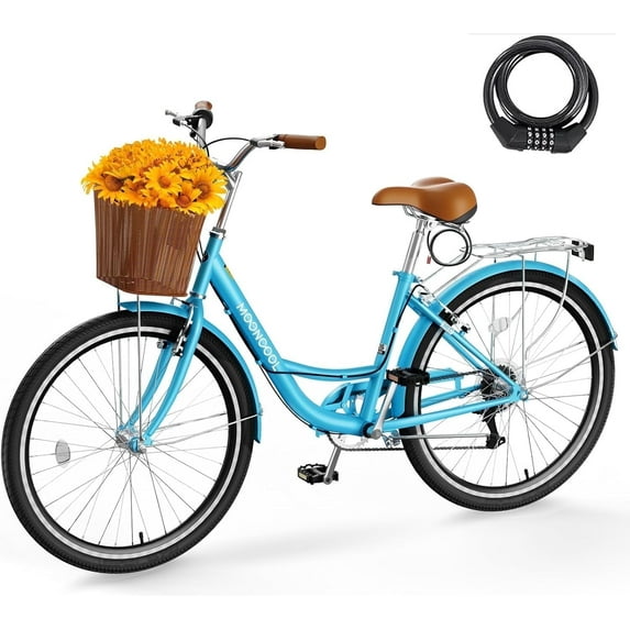 ABORON Lightweight Women Bike for Commuting with Basket & Combination Lock - 24/26 inch 7 Speed Beach Cruiser Bike for Women - Low Step Through City Bikes Commute Bicycle for Ladies