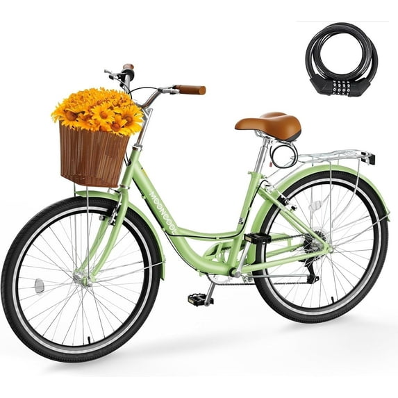 ABORON Lightweight Women Bike for Commuting with Basket & Combination Lock - 24/26 inch 7 Speed Beach Cruiser Bike for Women - Low Step Through City Bikes Commute Bicycle for Ladies