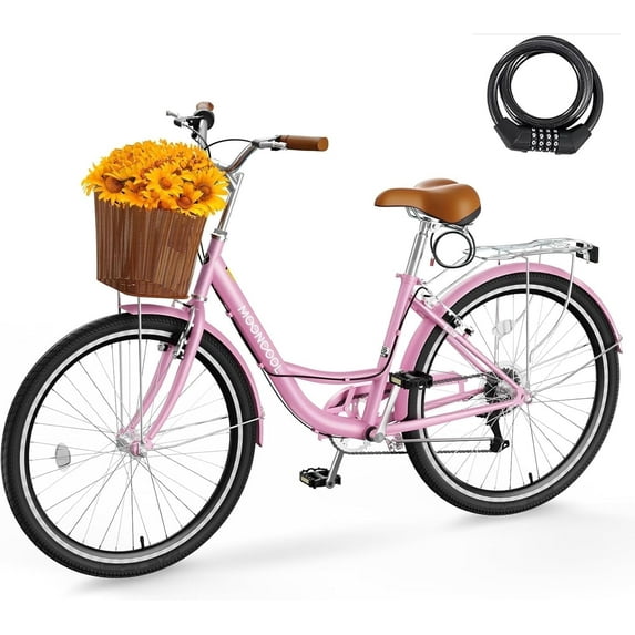 ABORON Lightweight Women Bike for Commuting with Basket & Combination Lock - 24/26 inch 7 Speed Beach Cruiser Bike for Women - Low Step Through City Bikes Commute Bicycle for Ladies