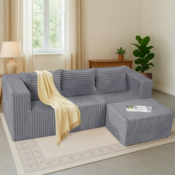 ABORON 98.4" Cloud Sectional Couch with Removable Ottoman, 26.8" Deep Seat Modern L-Shape Upholstered Couch, Soft Plush Modular Sofa Convertible Boneless Sofa for Living Room Bedroom - Gray