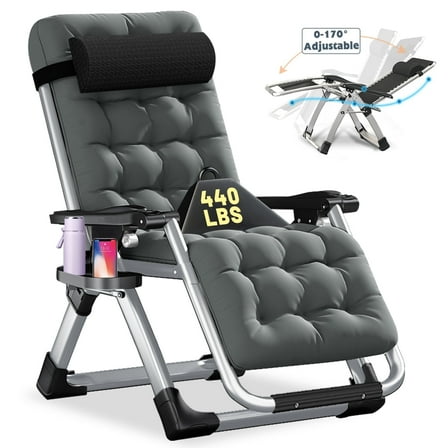 ABORON Outdoor Recline Chair Heavy Duty Zero Gravity Chair with Removable Seating Cushion, Headrest & Tray, Folding Lawn Recliner Outdoor Lounge Chairs Sturdy Adjustable Patio Recline