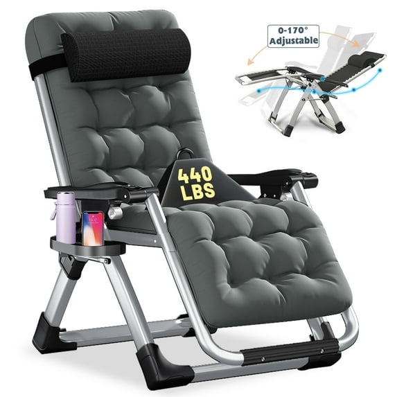 ABORON Outdoor Recline Chair Heavy Duty Zero Gravity Chair with Removable Seating Cushion, Headrest & Tray, Folding Lawn Recliner Outdoor Lounge Chairs Sturdy Adjustable Patio Recline