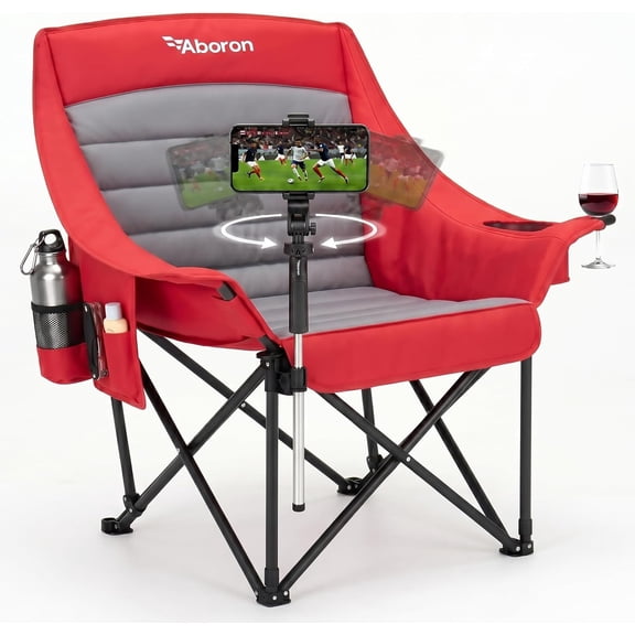 ABORON Oversized Camping Chair with Phone Holder, 500lbs Heavy Duty Padded Camping Chairs for Adults, All in One Folding Quad Chair with Wine Cup Holder & Storage Pockets for Sports Gray, Red