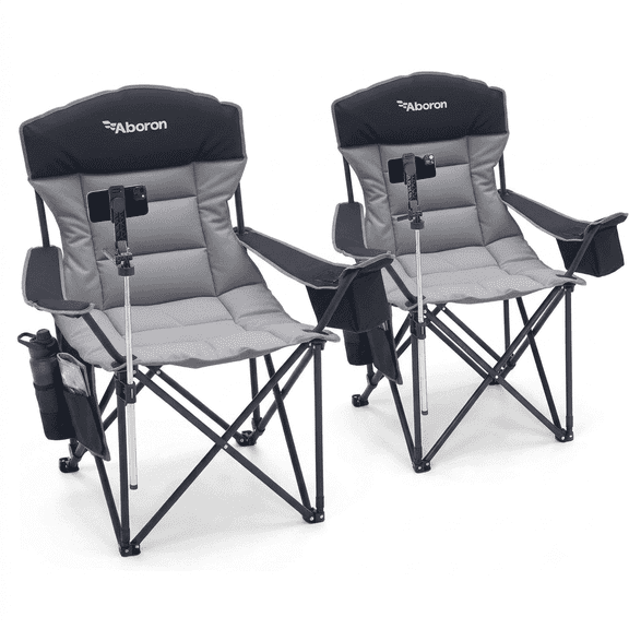 ABORON Oversized Camping Chair with Phone Holder, 600lbs Heavy Duty Folding Chair for Adults, Padded All in One Lawn Chair with Cup Holder & Side Pockets for Outdoor Sports, Black Gray