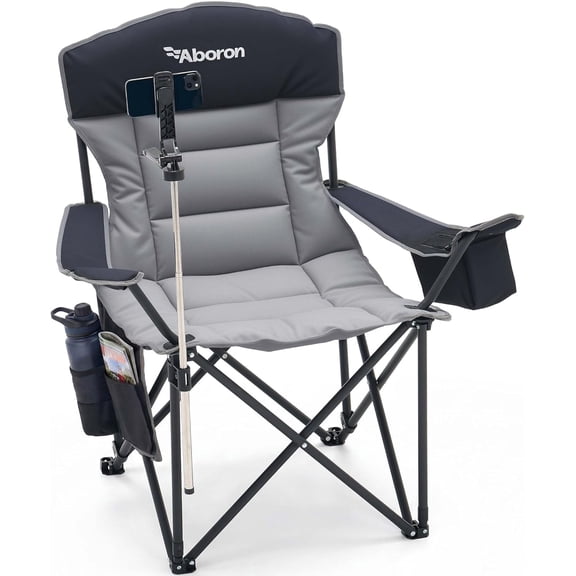 ABORON Oversized Camping Chair with Phone Holder, 600lbs Heavy Duty Folding Chair for Adults, Padded All in One Lawn Chair with Cup Holder & Side Pockets for Outdoor Sports, Black Gray