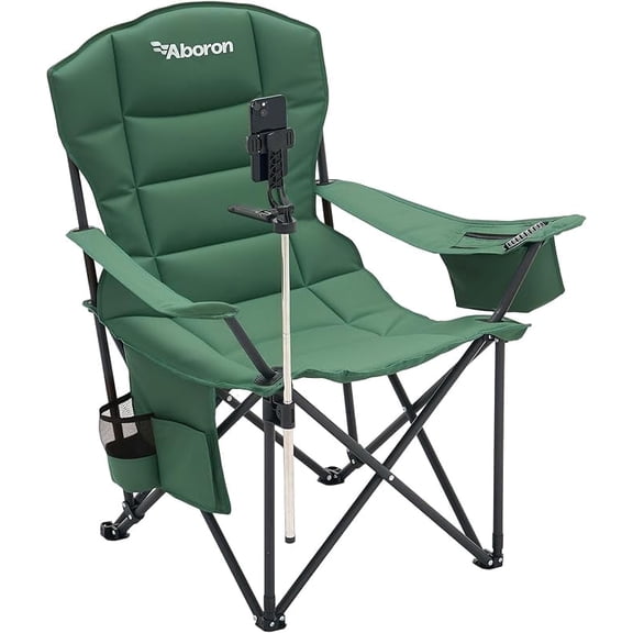 ABORON Oversized Camping Chair with Phone Holder, 600lbs Heavy Duty Folding Chair for Adults, Padded All in One Lawn Chair with Cup Holder & Side Pockets for Outdoor Sports, Green