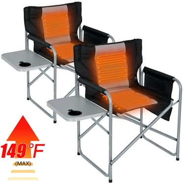 ABORON Oversized Directors Chair with Side Table, Heated Camping Chair Outdoor Portable Heating Folding Chair, Heavy Duty Camping Chair with Pocket for Lawn, Sports - 2Pack(Power Bank not Included)